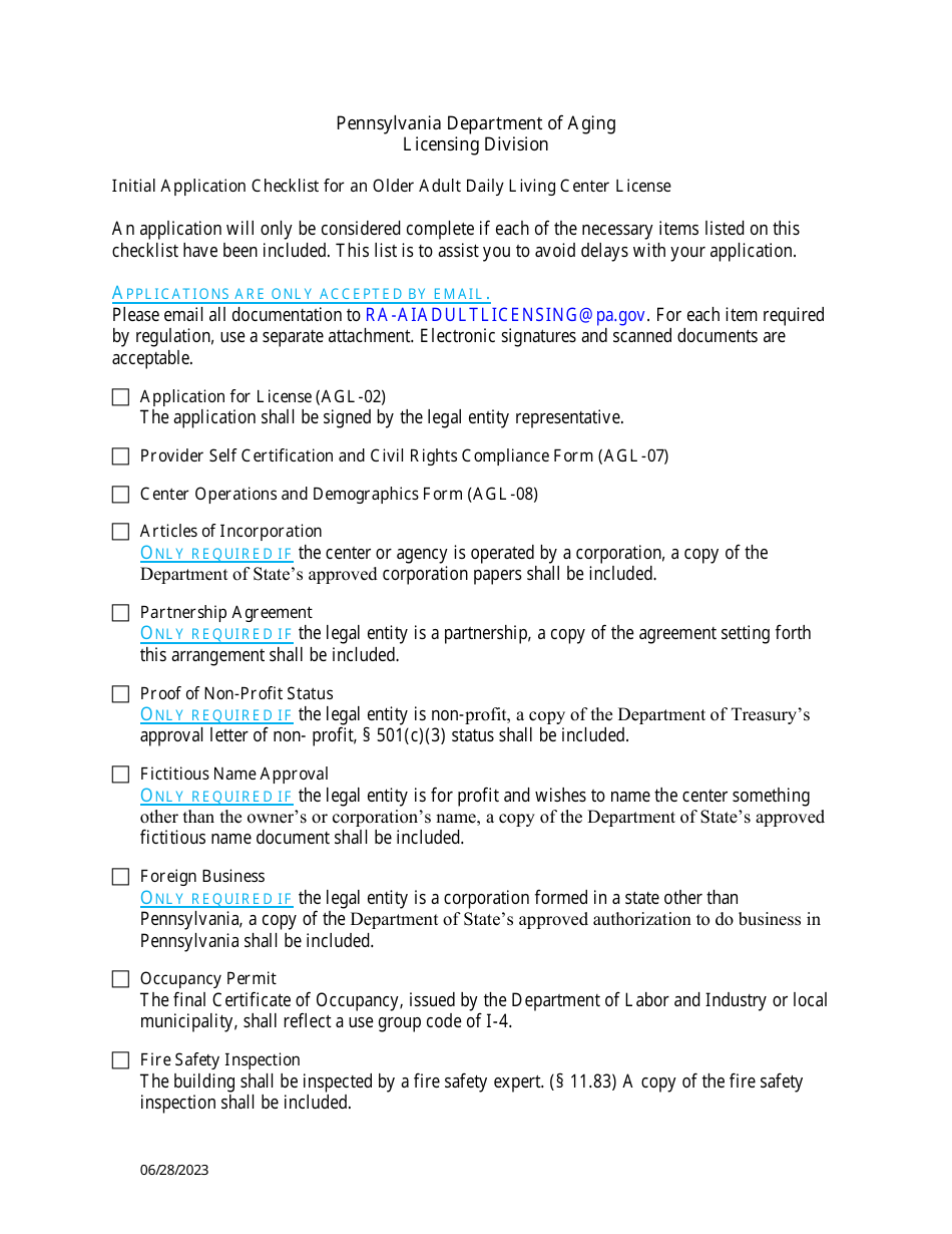 Initial Application Checklist for Older Adult Daily Living Center Licensure - Pennsylvania, Page 1