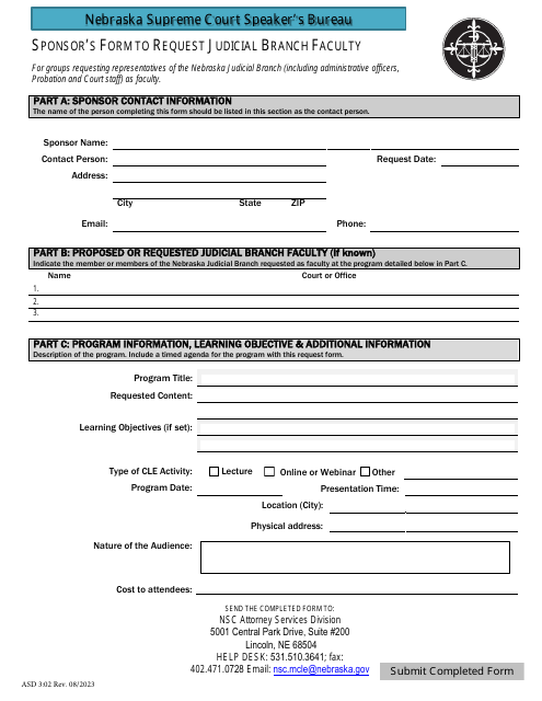 Form ASD3:02 Sponsor&#039;s Form to Request Judicial Branch Faculty - Nebraska