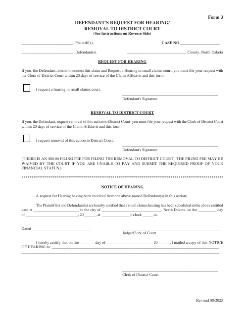 Form 3 Defendant's Request for Hearing/Removal to District Court - North Dakota