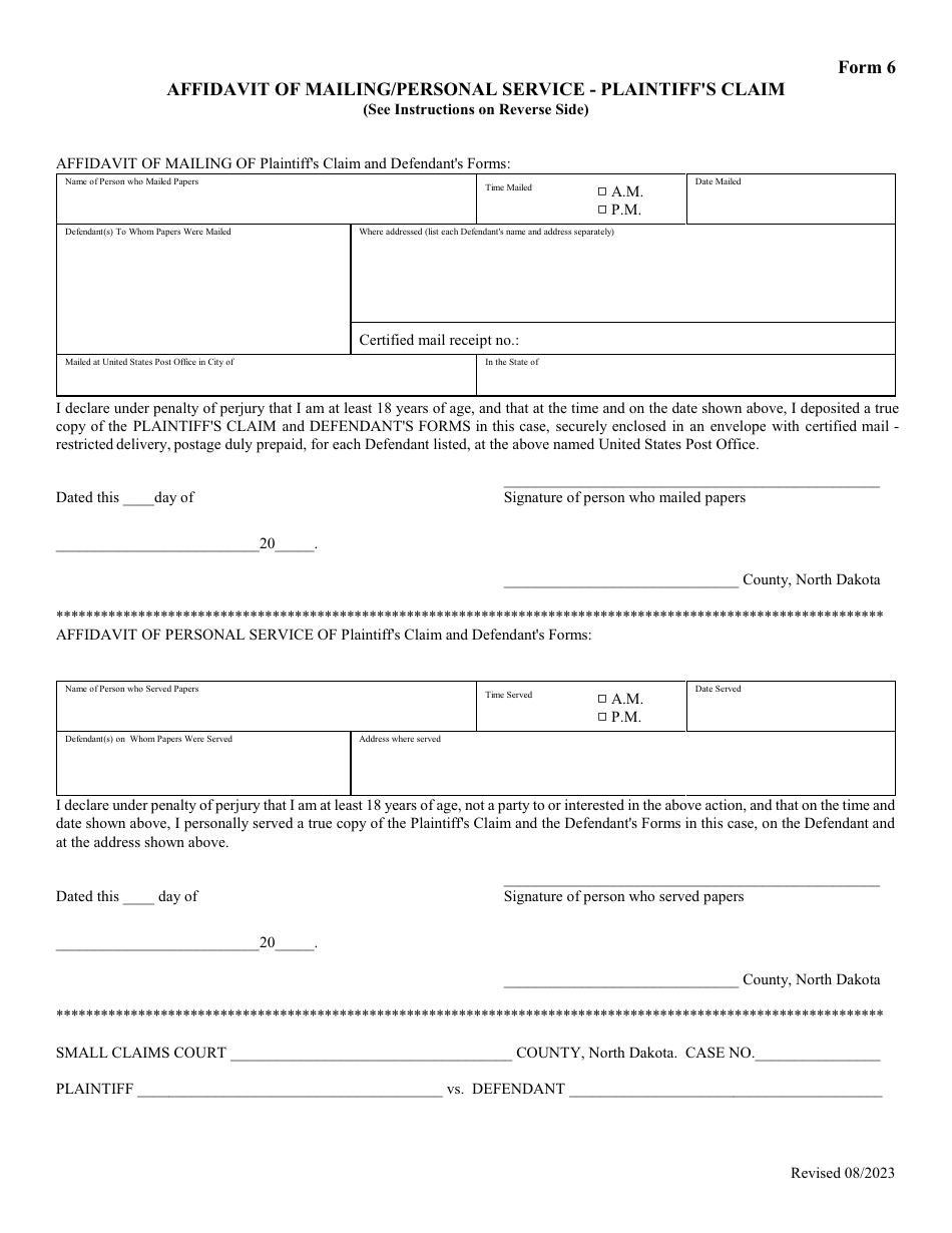 Form 6 Affidavit of Mailing / Personal Service - Plaintiffs Claim - North Dakota, Page 1