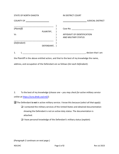 Affidavit of Identification and Military Status - North Dakota Download Pdf