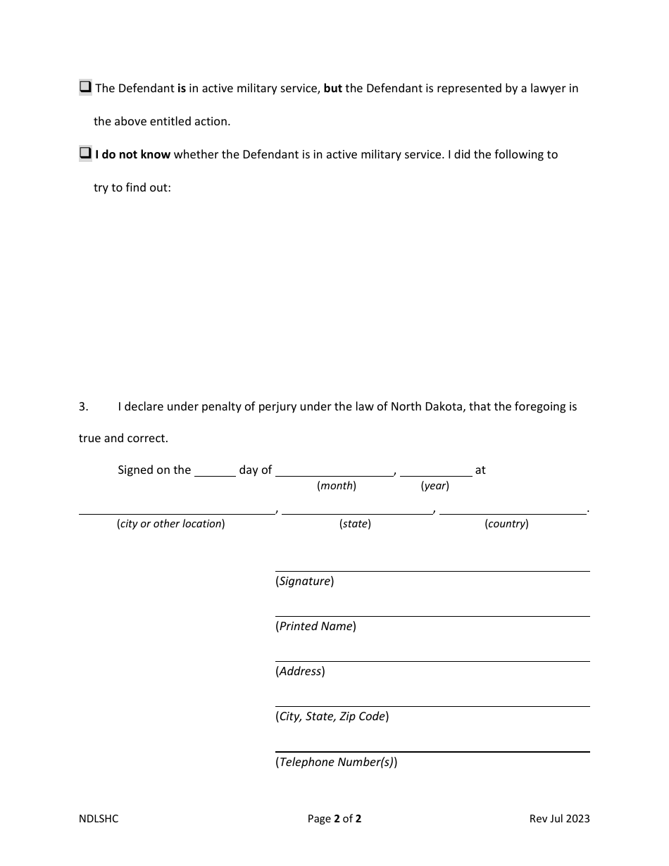 Affidavit of Identification and Military Status - North Dakota, Page 2