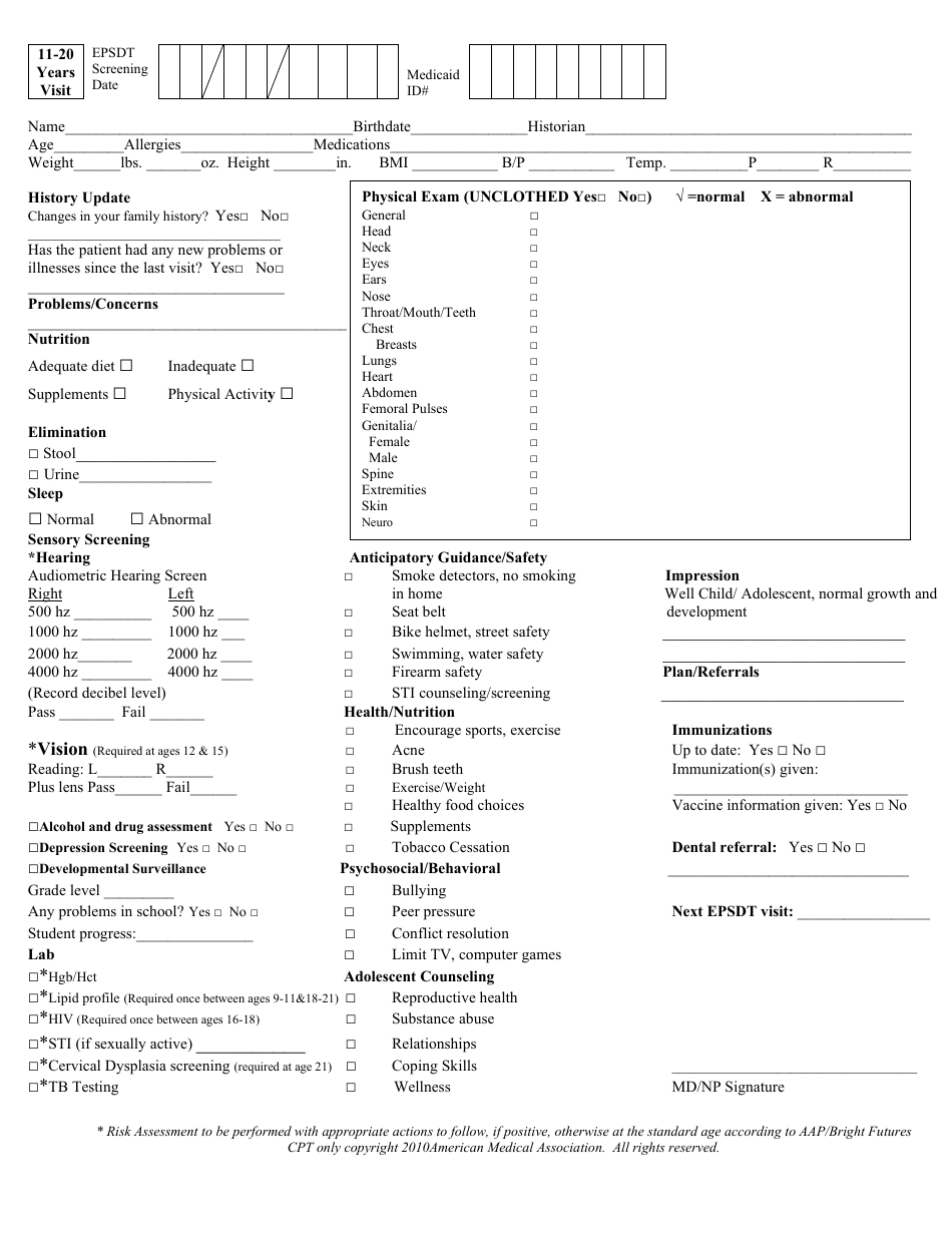 11-20 Years Epsdt Visit Form - Mississippi, Page 1