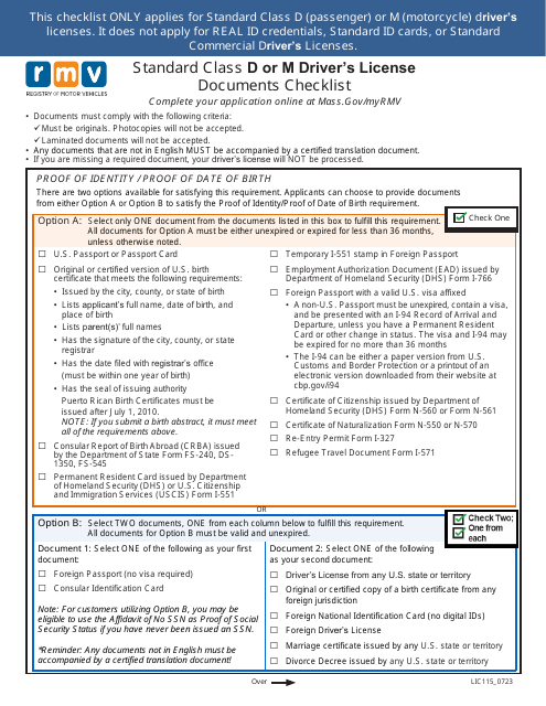 Form LIC115 Standard Class D or M Driver's License Documents Checklist - Massachusetts
