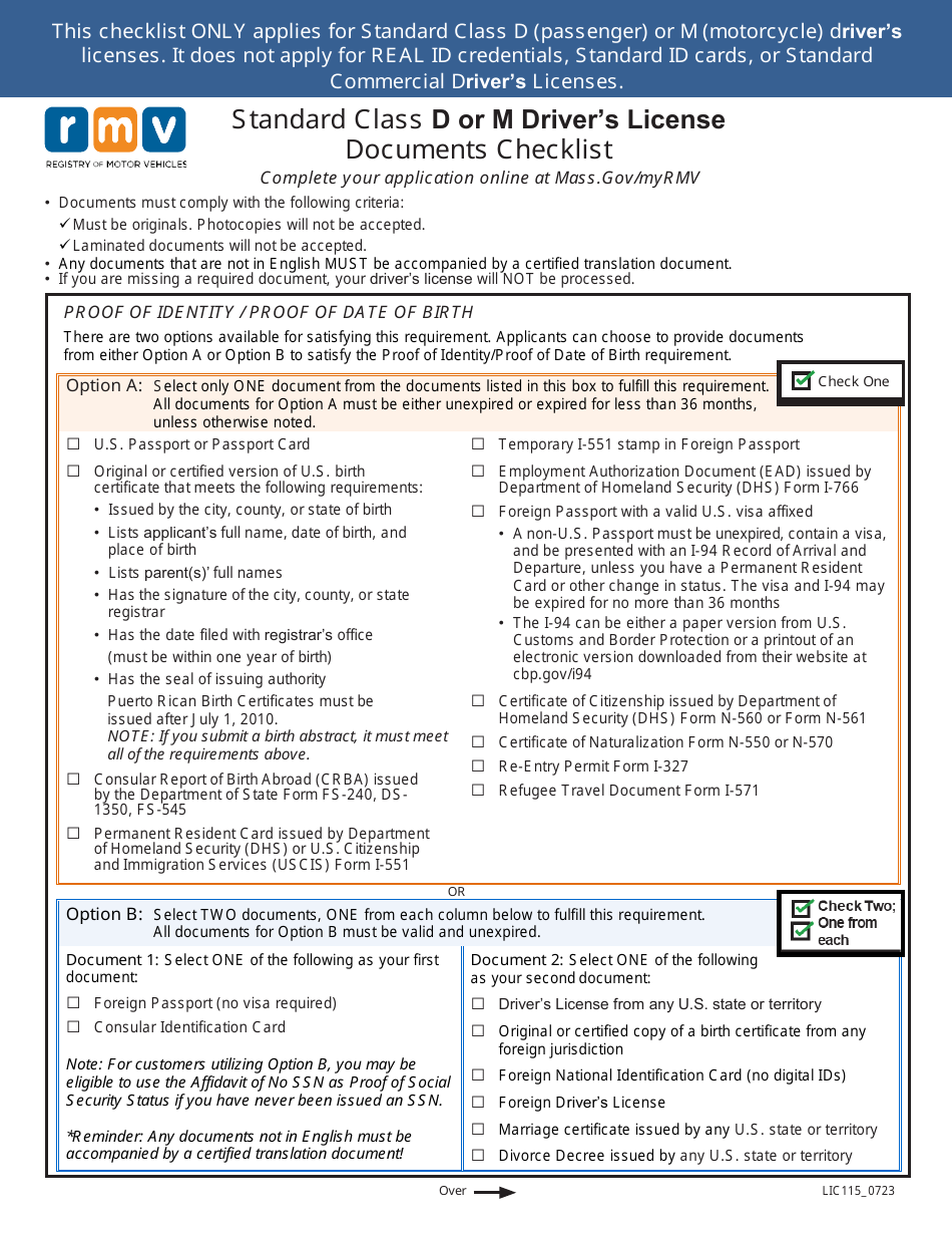 Form LIC115 Standard Class D or M Drivers License Documents Checklist - Massachusetts, Page 1