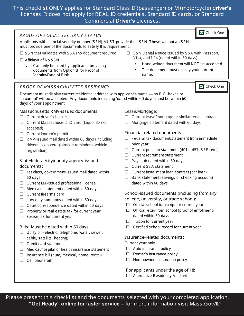 Form LIC115 Standard Class D or M Drivers License Documents Checklist - Massachusetts, Page 2