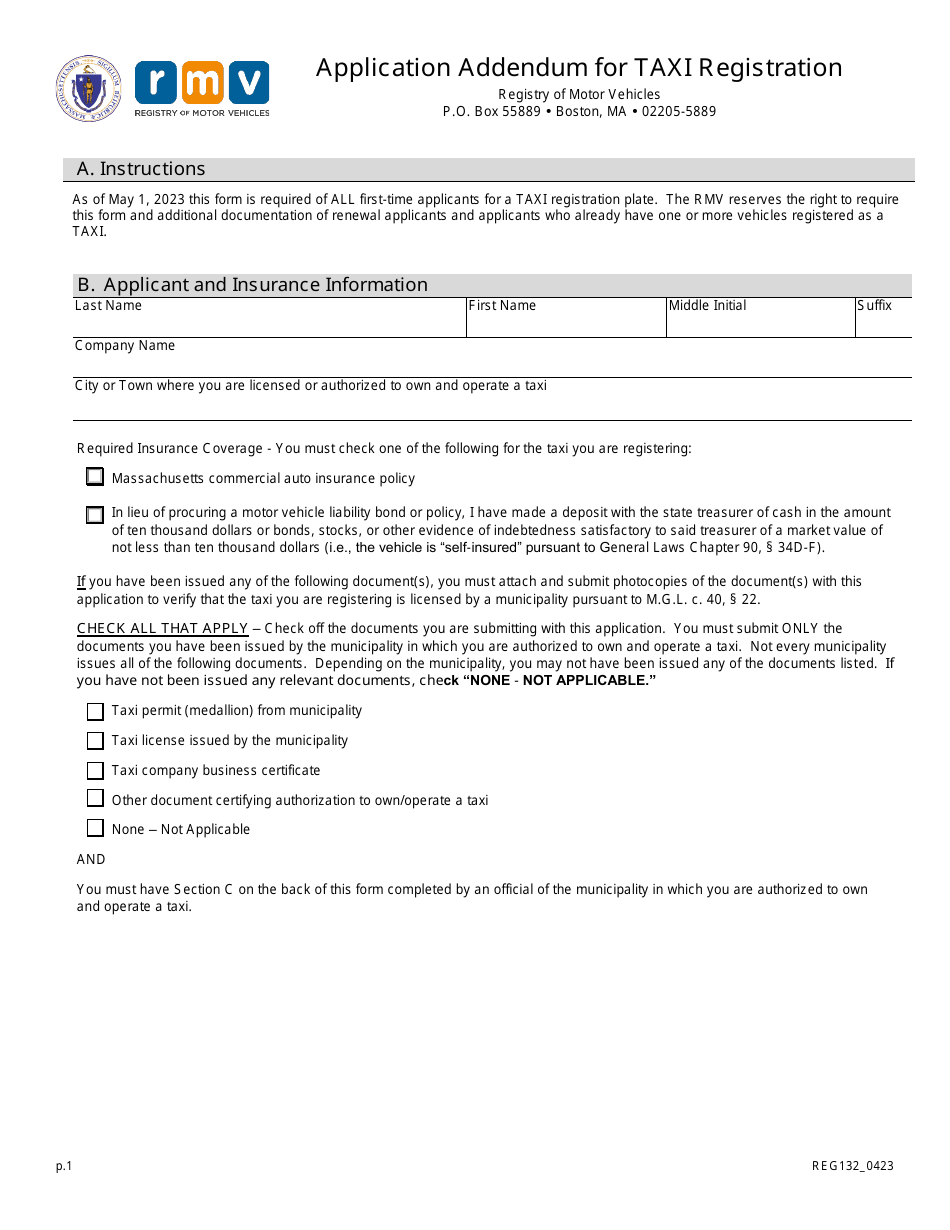 Form REG132 Application Addendum for Taxi Registration - Massachusetts, Page 1