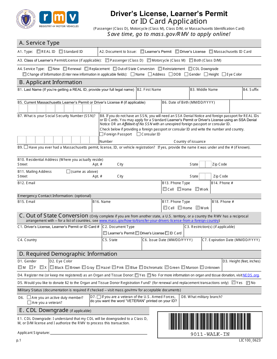 Form LIC100 Drivers License, Learners Permit or Id Card Application - Massachusetts, Page 1