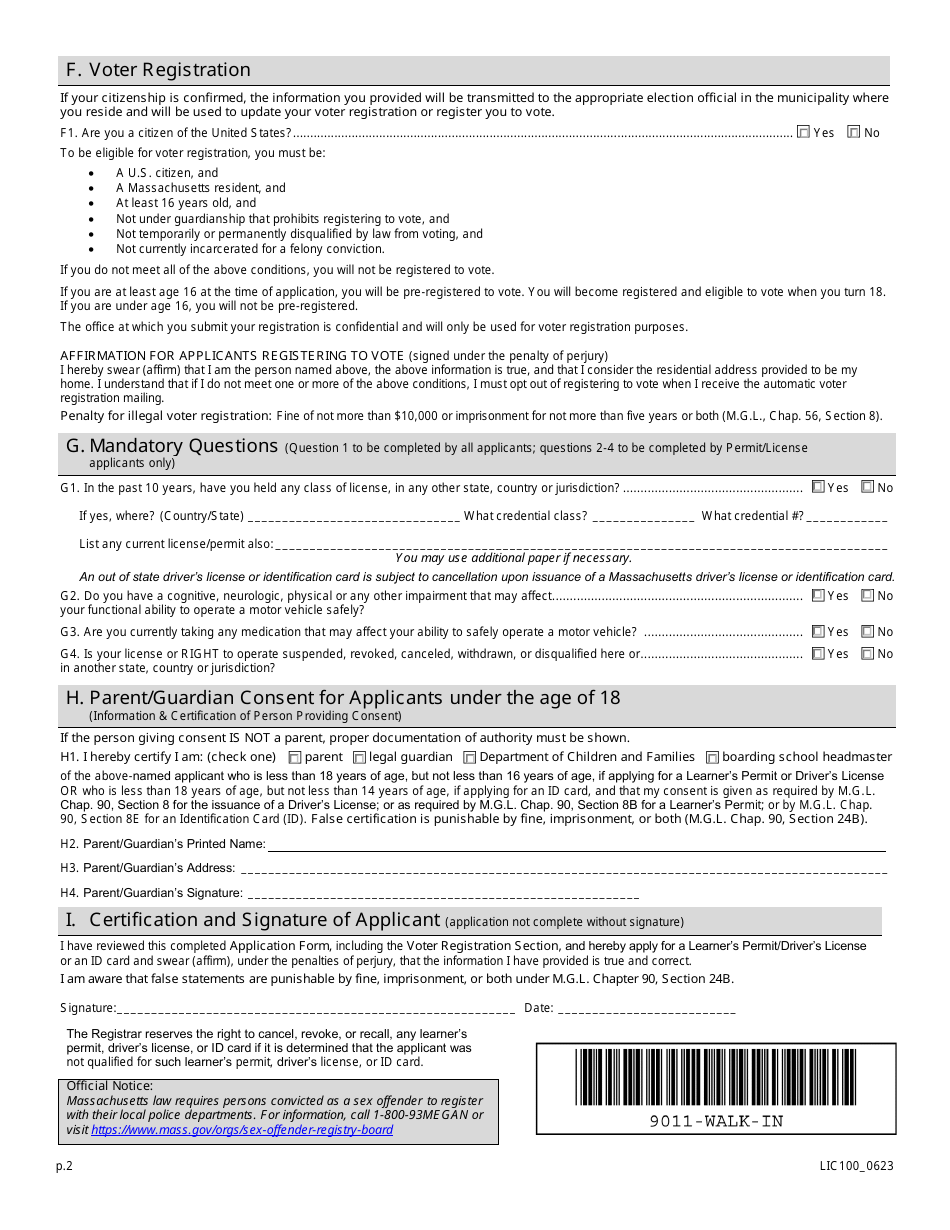 Form LIC100 Drivers License, Learners Permit or Id Card Application - Massachusetts, Page 2