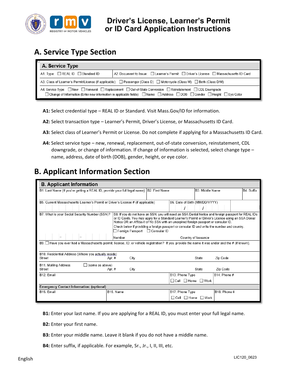 Instructions for Form LIC100 Drivers License, Learners Permit or Id Card Application - Massachusetts, Page 1