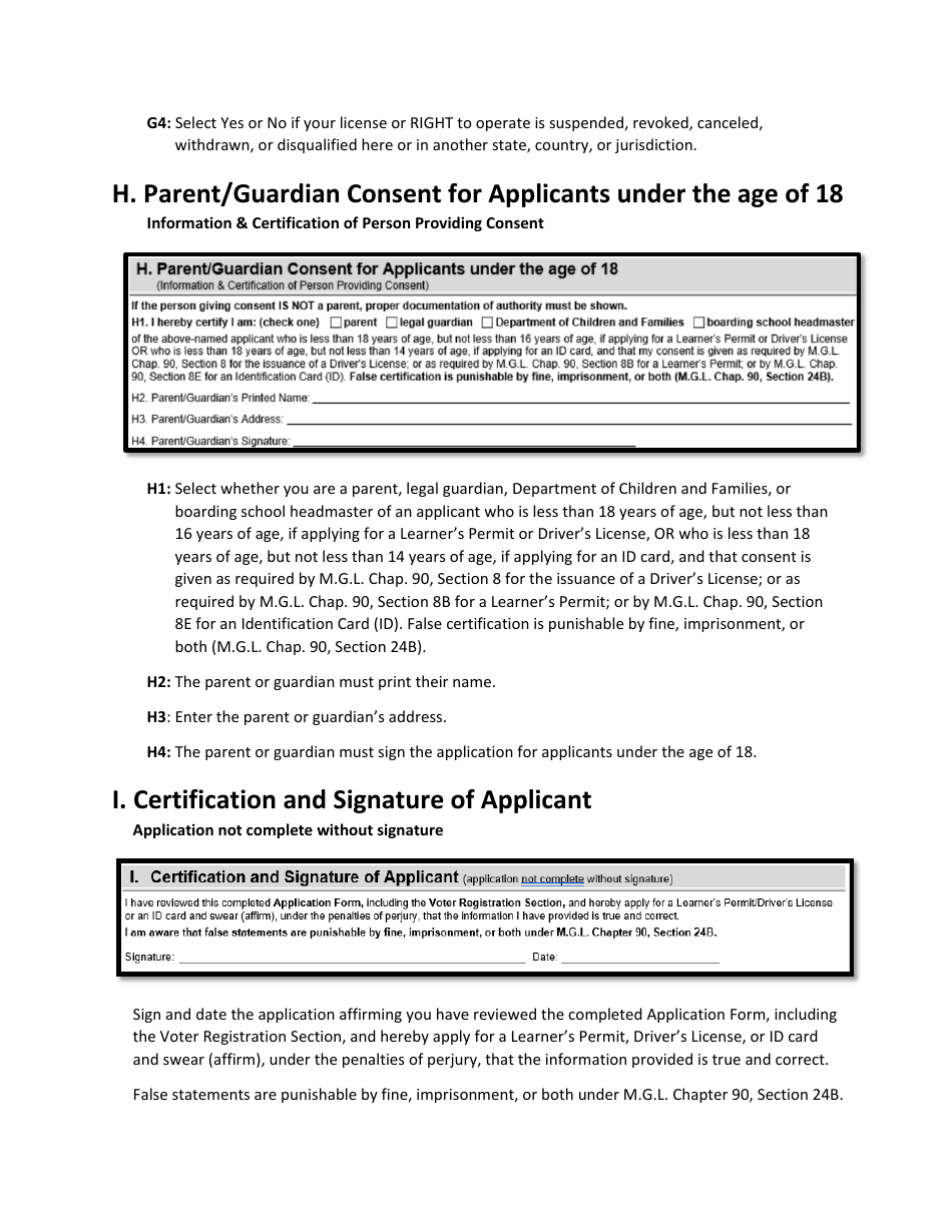 Instructions for Form LIC100 Drivers License, Learners Permit or Id Card Application - Massachusetts, Page 6