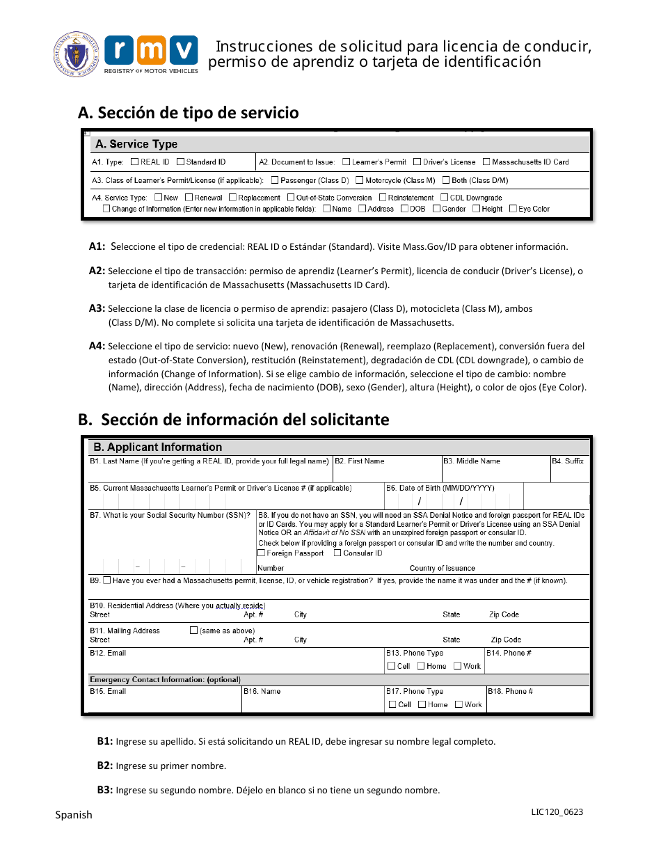 Instrucciones para Formulario LIC100 Drivers License, Learners Permit or Id Card Application - Massachusetts (Spanish), Page 1