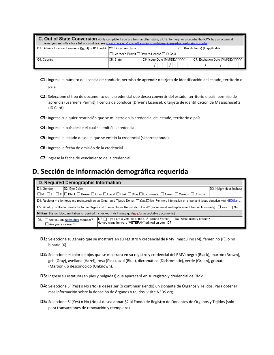 Instrucciones para Formulario LIC100 Drivers License, Learners Permit or Id Card Application - Massachusetts (Spanish), Page 3