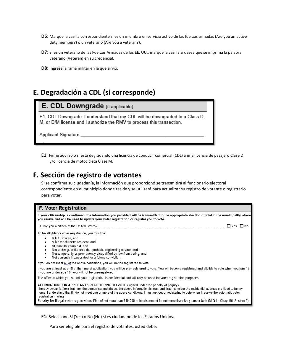 Instrucciones para Formulario LIC100 Drivers License, Learners Permit or Id Card Application - Massachusetts (Spanish), Page 4