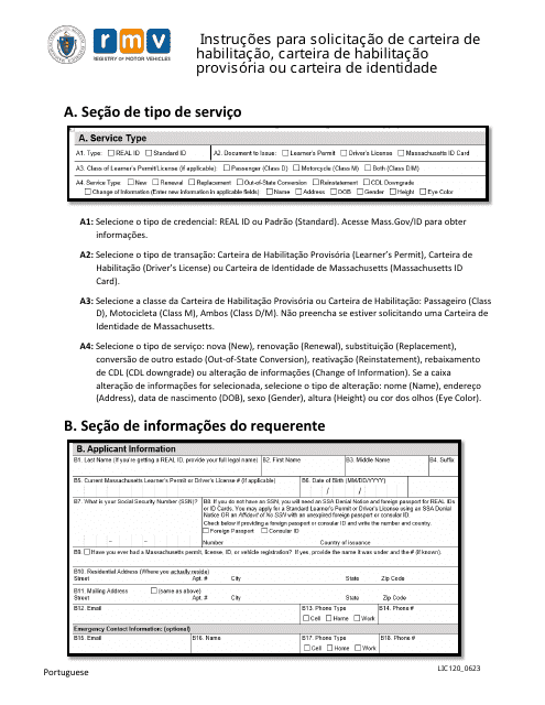 Instructions for Form LIC100 Driver's License, Learner's Permit or Id Card Application - Massachusetts (Portuguese)