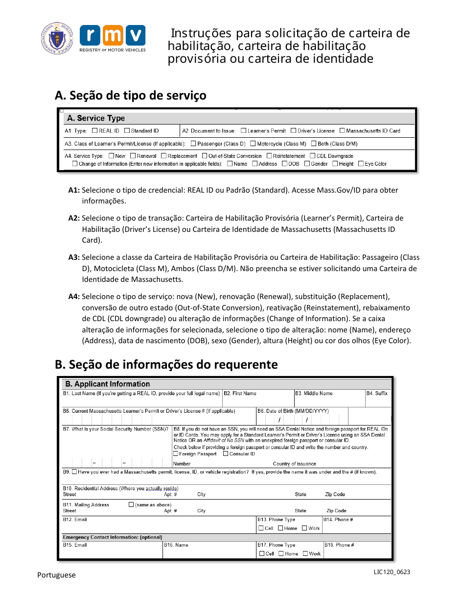 Instructions for Form LIC100 Drivers License, Learners Permit or Id Card Application - Massachusetts (Portuguese), Page 1
