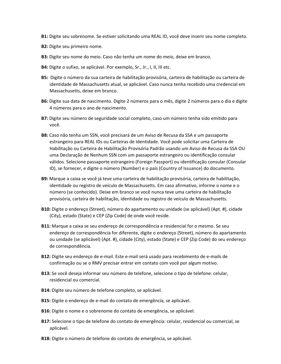 Instructions for Form LIC100 Drivers License, Learners Permit or Id Card Application - Massachusetts (Portuguese), Page 2
