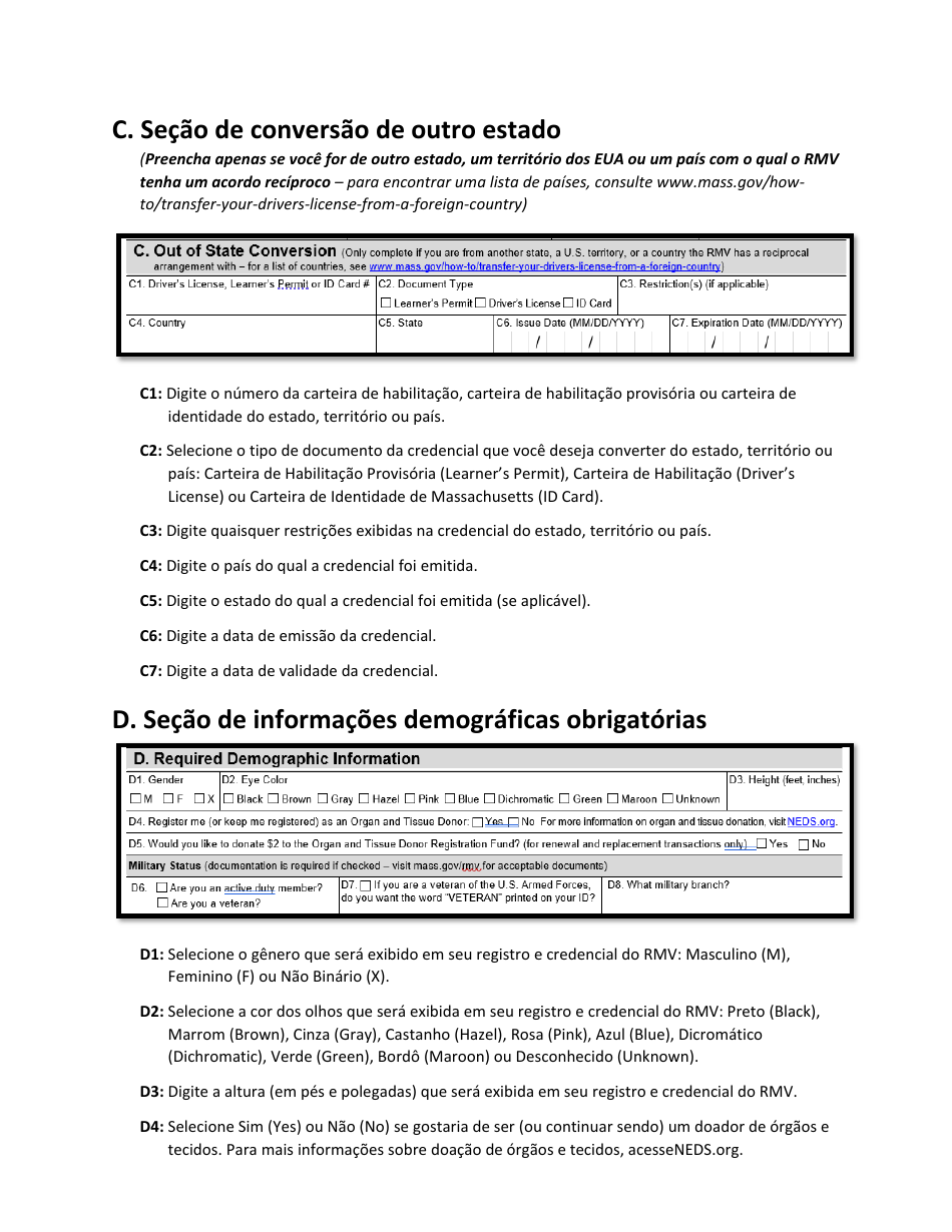 Instructions for Form LIC100 Drivers License, Learners Permit or Id Card Application - Massachusetts (Portuguese), Page 3