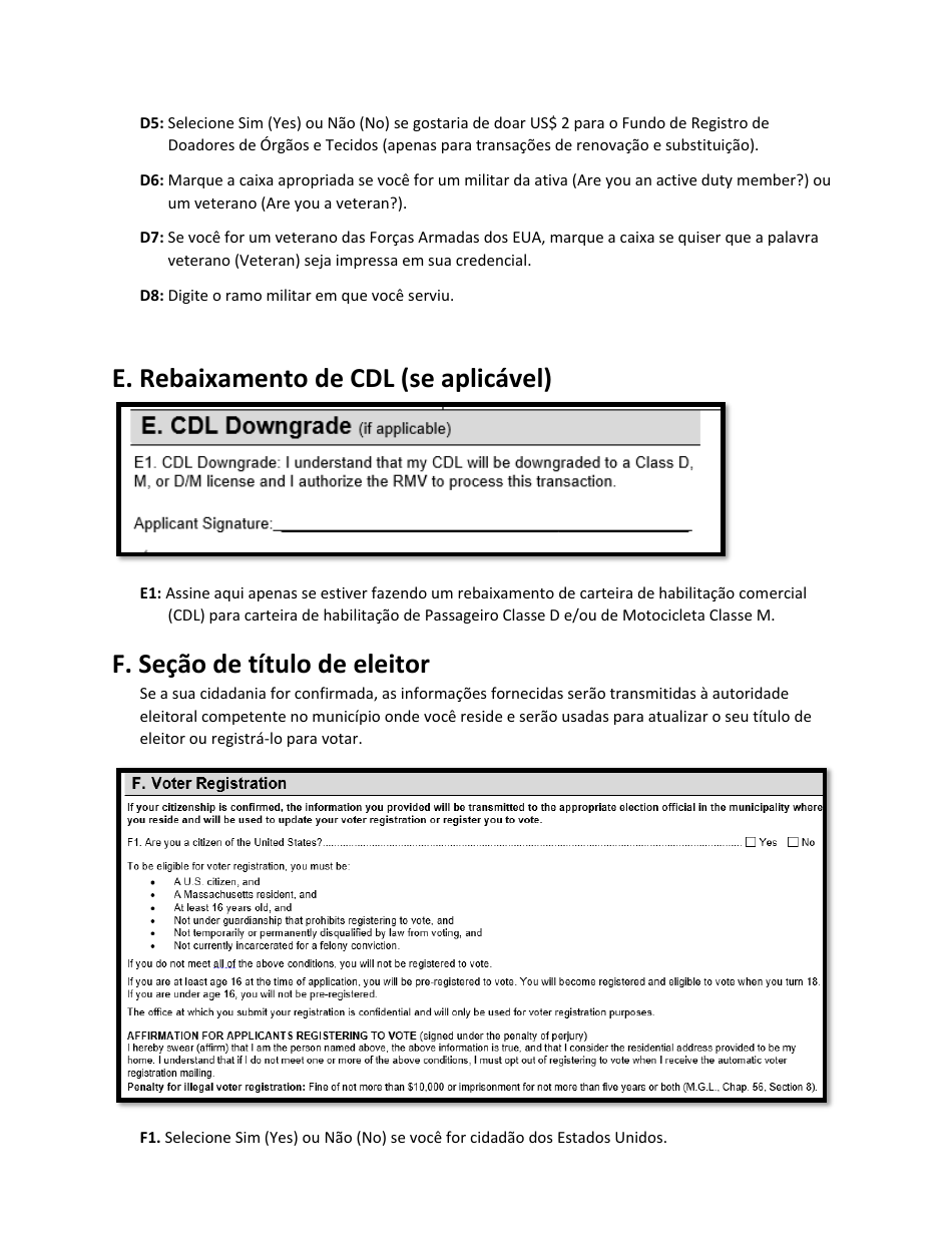 Instructions for Form LIC100 Drivers License, Learners Permit or Id Card Application - Massachusetts (Portuguese), Page 4