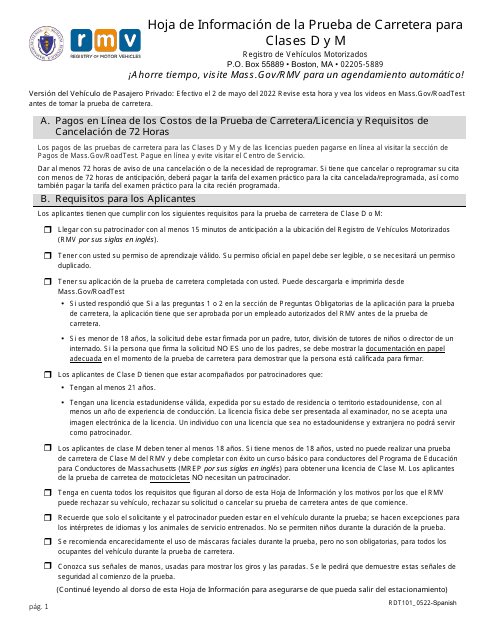 Formulario RDT101 Hoja De Informacion De La Prueba De Carretera Para Clases D Y M - Massachusetts (Spanish)