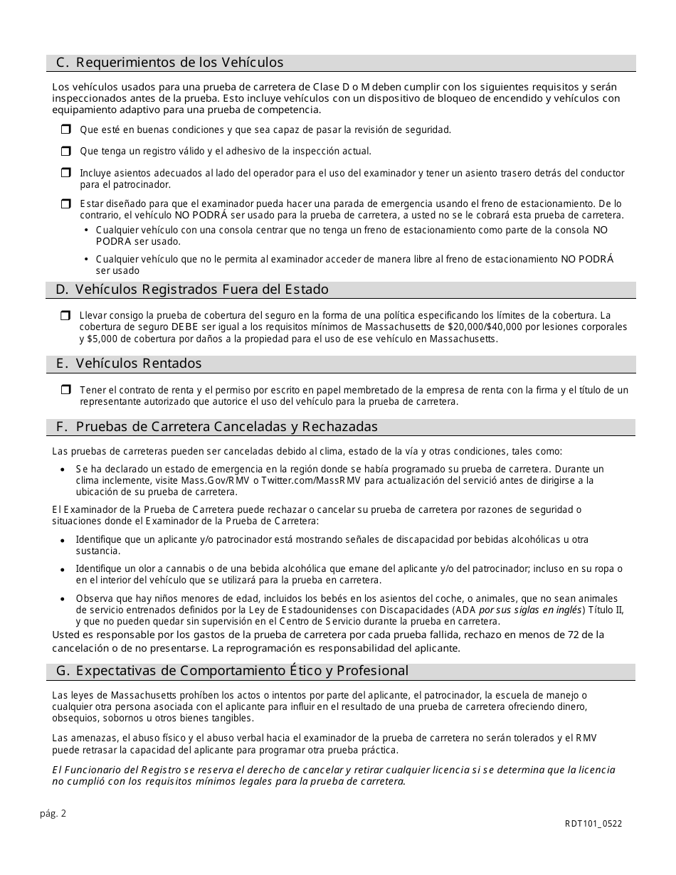 Formulario RDT101 Hoja De Informacion De La Prueba De Carretera Para Clases D Y M - Massachusetts (Spanish), Page 2