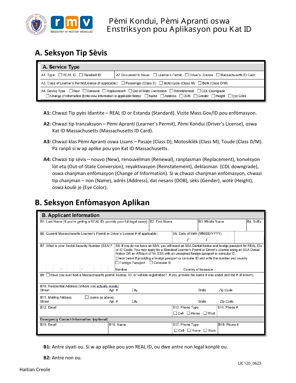 Instructions for Form LIC100 Drivers License, Learners Permit or Id Card Application - Massachusetts (Haitian Creole), Page 1
