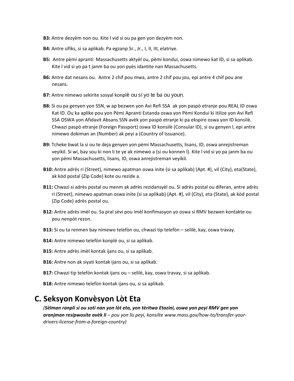 Instructions for Form LIC100 Drivers License, Learners Permit or Id Card Application - Massachusetts (Haitian Creole), Page 2