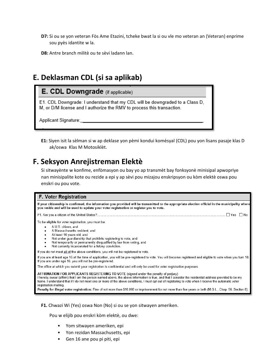 Instructions for Form LIC100 Drivers License, Learners Permit or Id Card Application - Massachusetts (Haitian Creole), Page 4