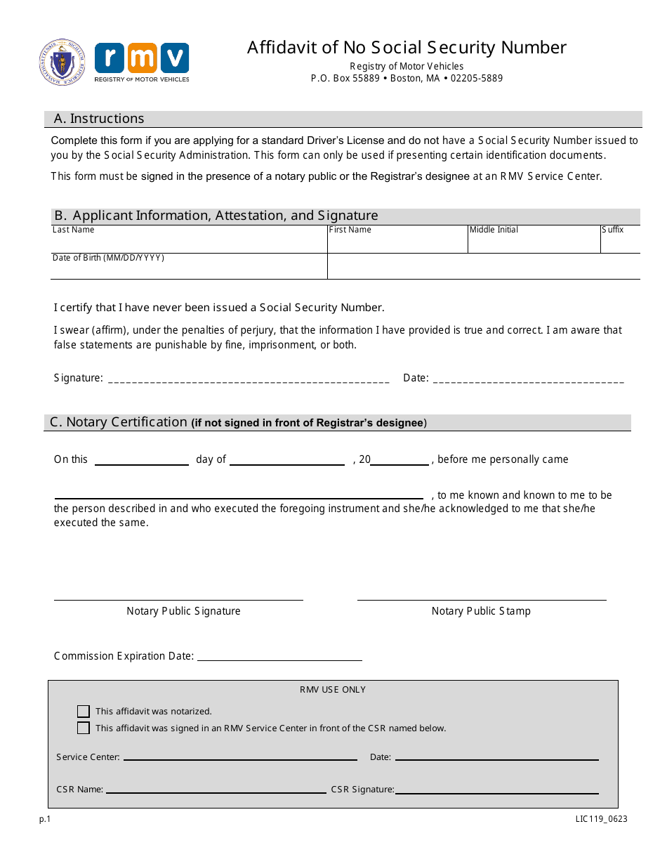 Form LIC119 Affidavit of No Social Security Number - Massachusetts, Page 1