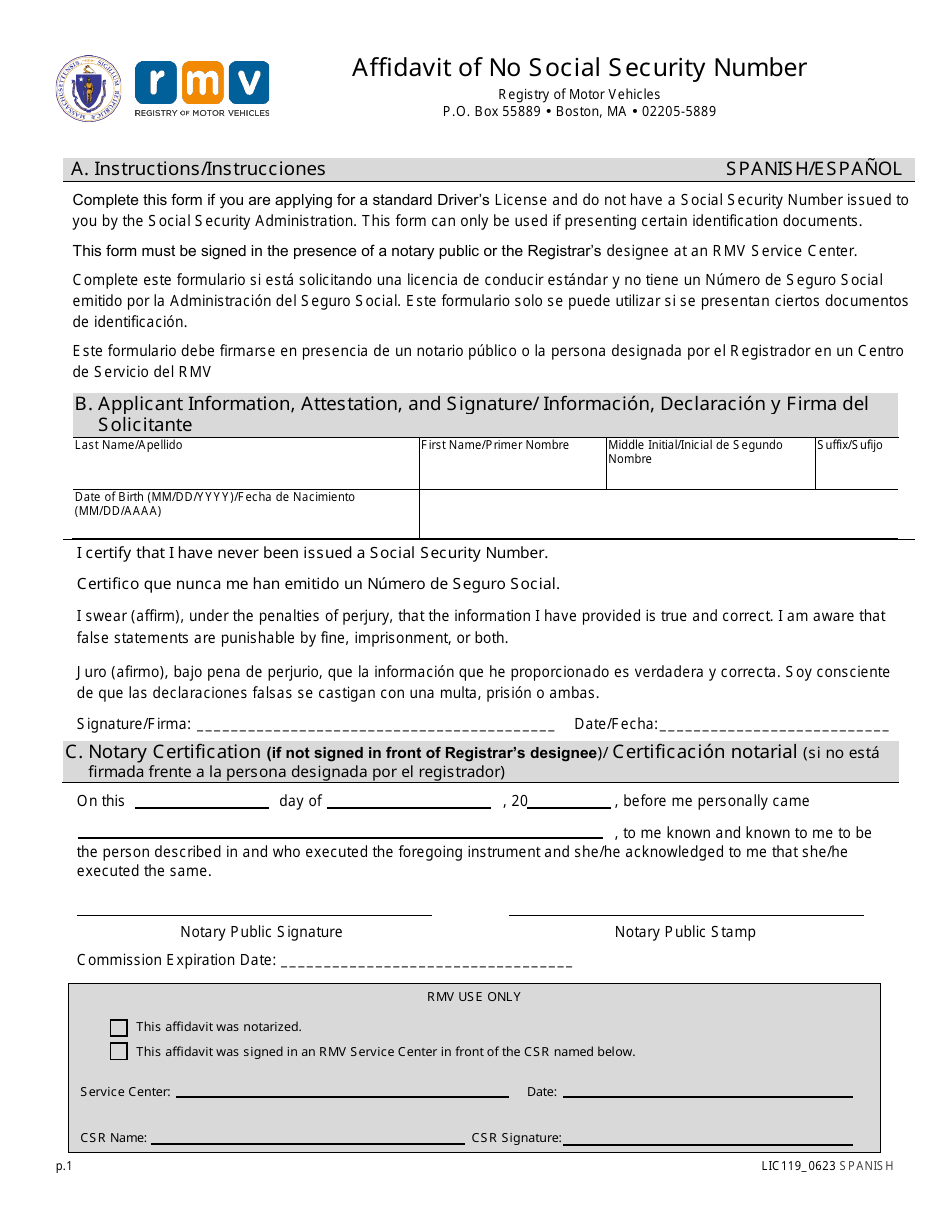 Form LIC119 Affidavit of No Social Security Number - Massachusetts (English / Spanish), Page 1