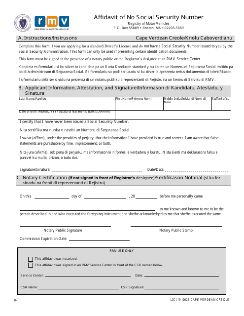 Form LIC119 Affidavit of No Social Security Number - Massachusetts (English/Cape Verdean)
