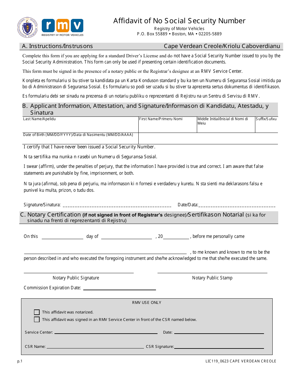 Form LIC119 Affidavit of No Social Security Number - Massachusetts (English / Cape Verdean), Page 1