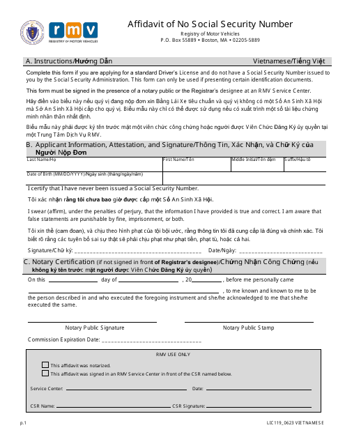 Form LIC119 Affidavit of No Social Security Number - Massachusetts (English/Vietnamese)