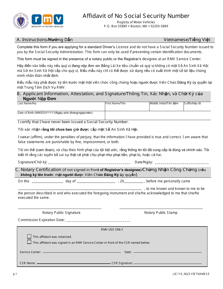 Form LIC119 Affidavit of No Social Security Number - Massachusetts (English / Vietnamese), Page 1
