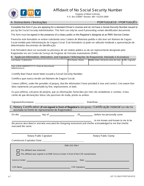 Form LIC119 Affidavit of No Social Security Number - Massachusetts (English/Portuguese)