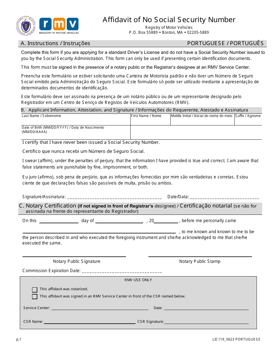 Form LIC119 Affidavit of No Social Security Number - Massachusetts (English / Portuguese), Page 1