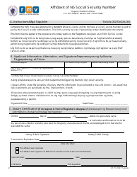 Document preview: Form LIC119 Affidavit of No Social Security Number - Massachusetts (English/Tagalog)
