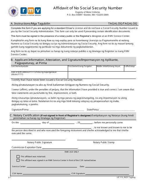 Form LIC119 Affidavit of No Social Security Number - Massachusetts (English/Tagalog)