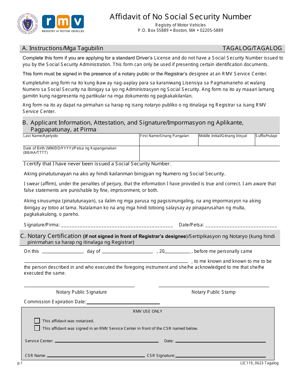 Form LIC119 Affidavit of No Social Security Number - Massachusetts (English / Tagalog), Page 1