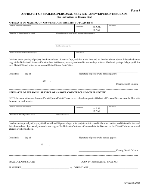 Form 5 Affidavit of Mailing/Personal Service - Answer/Counterclaim - North Dakota