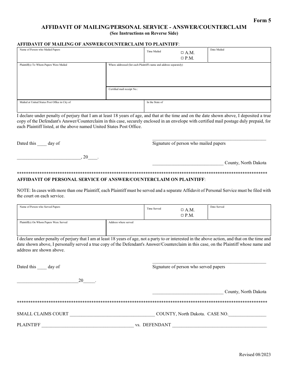 Form 5 Affidavit of Mailing / Personal Service - Answer / Counterclaim - North Dakota, Page 1