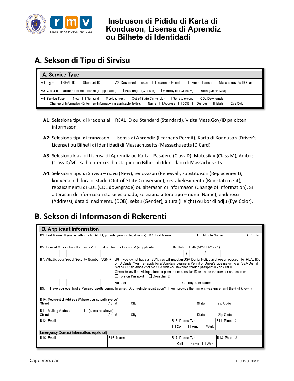 Instructions for Form LIC100 Drivers License, Learners Permit or Id Card Application - Massachusetts (Cape Verdean), Page 1
