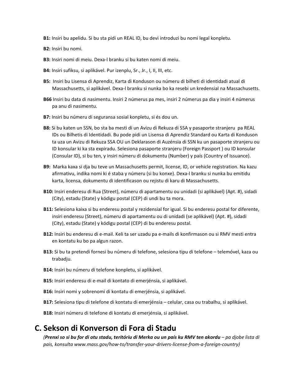 Instructions for Form LIC100 Drivers License, Learners Permit or Id Card Application - Massachusetts (Cape Verdean), Page 2