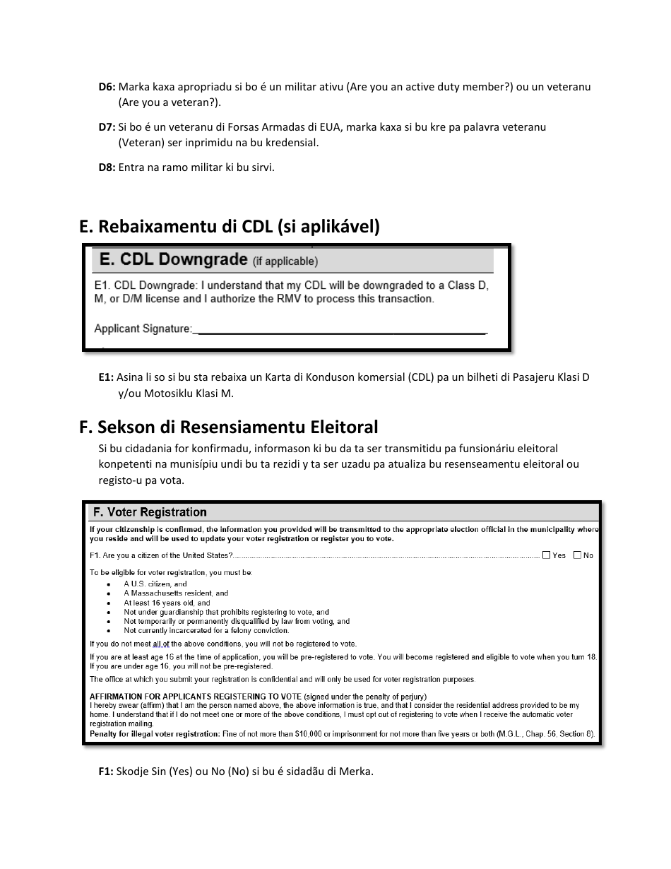 Instructions for Form LIC100 Drivers License, Learners Permit or Id Card Application - Massachusetts (Cape Verdean), Page 4