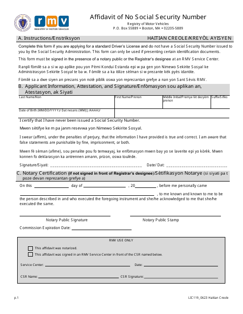 Form LIC119 Affidavit of No Social Security Number - Massachusetts (English/Haitian Creole)
