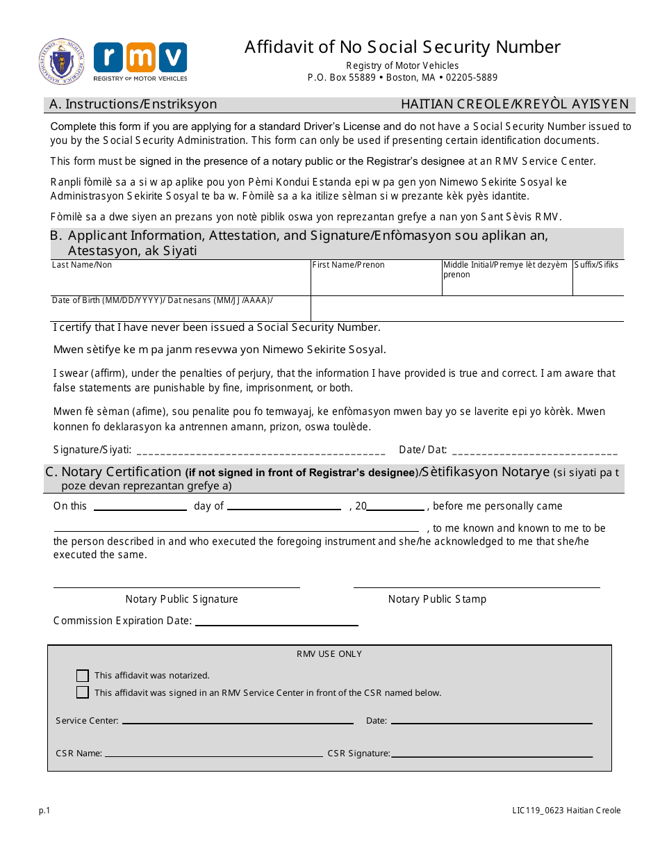 Form LIC119 Affidavit of No Social Security Number - Massachusetts (English / Haitian Creole), Page 1