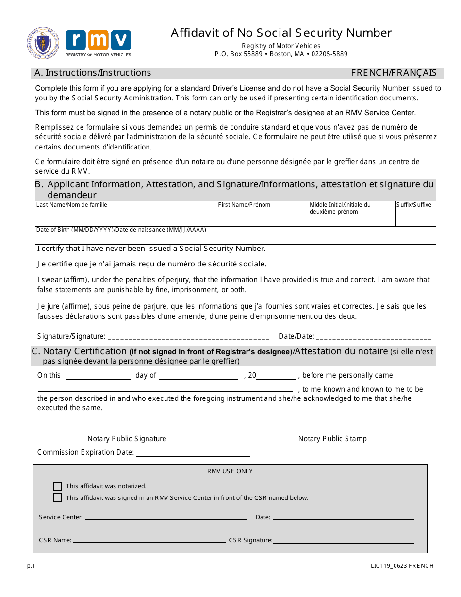 Form LIC119 Affidavit of No Social Security Number - Massachusetts (English / French), Page 1