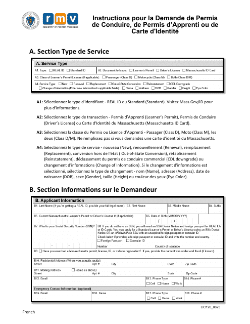 Instructions for Form LIC100 Driver's License, Learner's Permit or Id Card Application - Massachusetts (French)