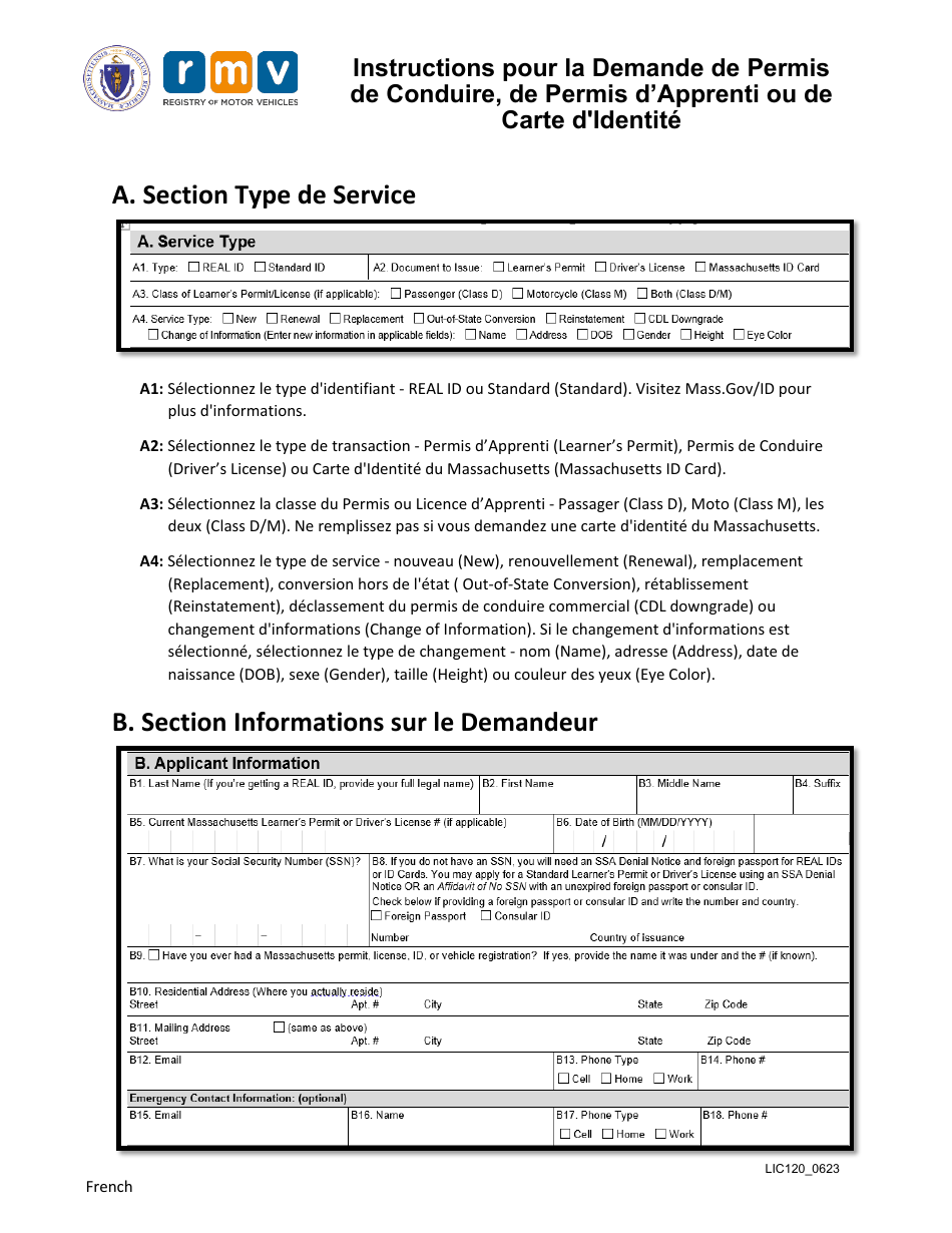 Instructions for Form LIC100 Drivers License, Learners Permit or Id Card Application - Massachusetts (French), Page 1