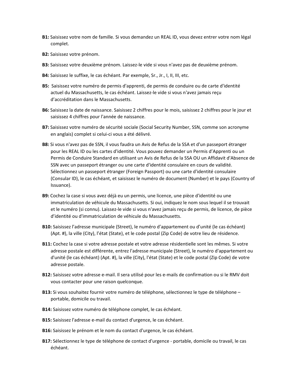 Instructions for Form LIC100 Drivers License, Learners Permit or Id Card Application - Massachusetts (French), Page 2